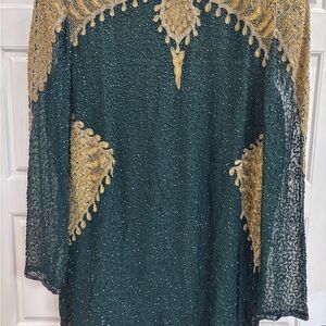 Judith Ann Creations Vintage Teal Beaded Tunic with Gold Accents and beaded pant